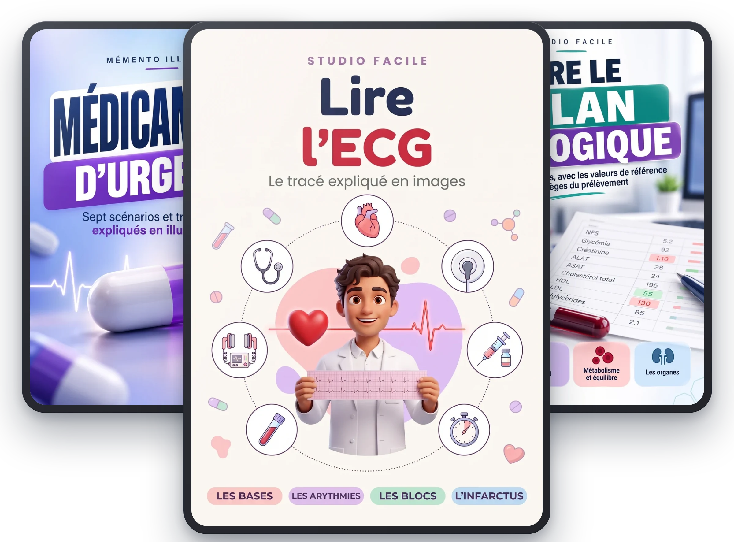 Lire l&rsquo;ECG, avec M&eacute;dicaments d&rsquo;urgence et Lire le bilan biologique offerts